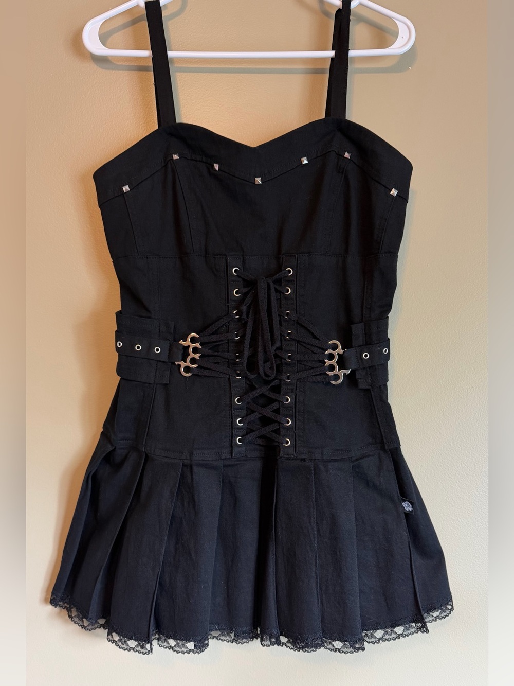 Y2K Tripp NYC Black Mallgoth Corset Lace up Pleated Studded Mini Dress